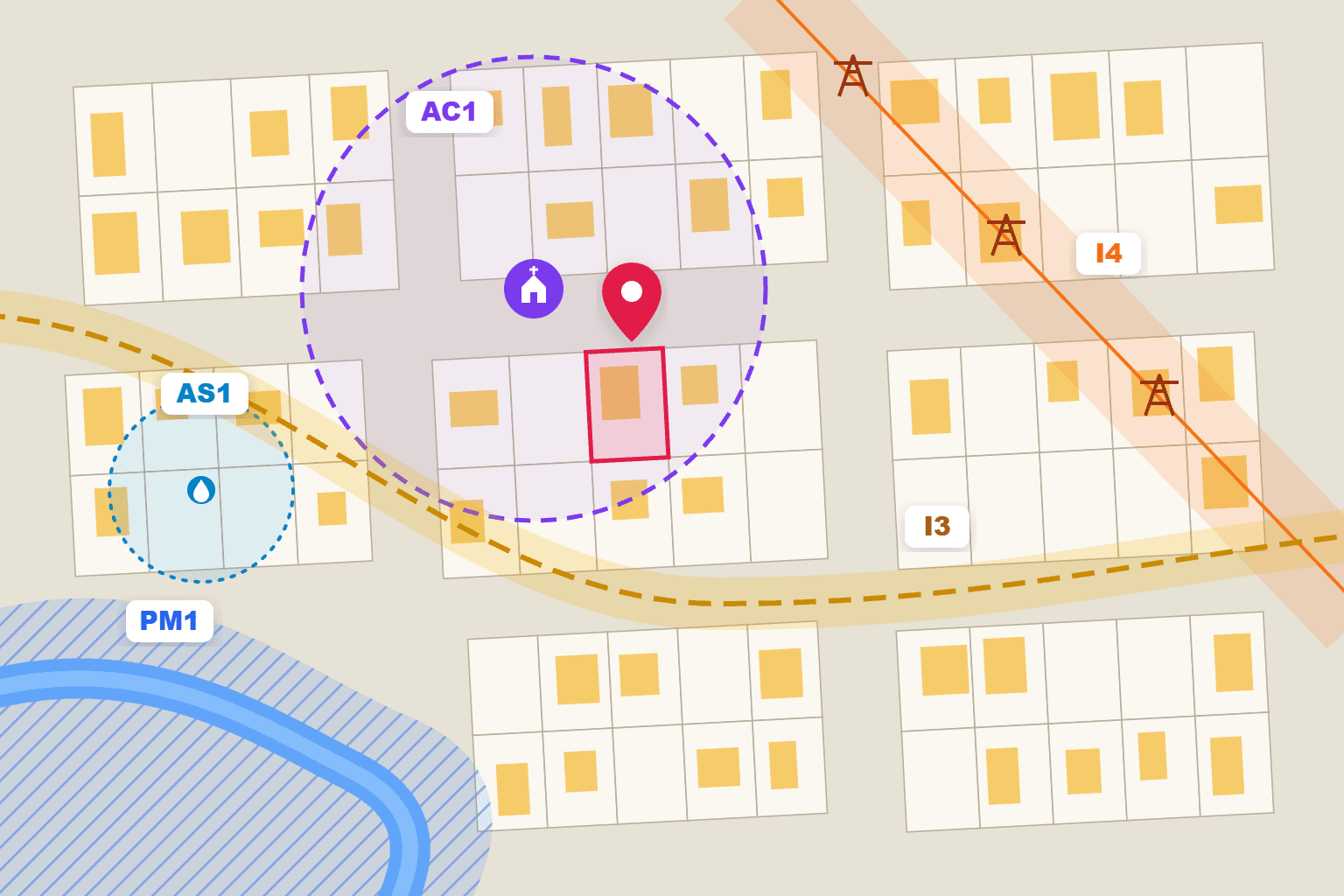 Plan cadastral où une parcelle est entourée de rouge, reliée par une flèche à une note de renseignements d'urbanisme détaillant son zonage PLU, ses servitudes, son droit de préemption et ses risques.